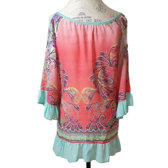 Now N Forever Cold Shoulder Blouse XL Pink Teal Paisley Print Ruffle Trim Fairy - Picture 1 of 7